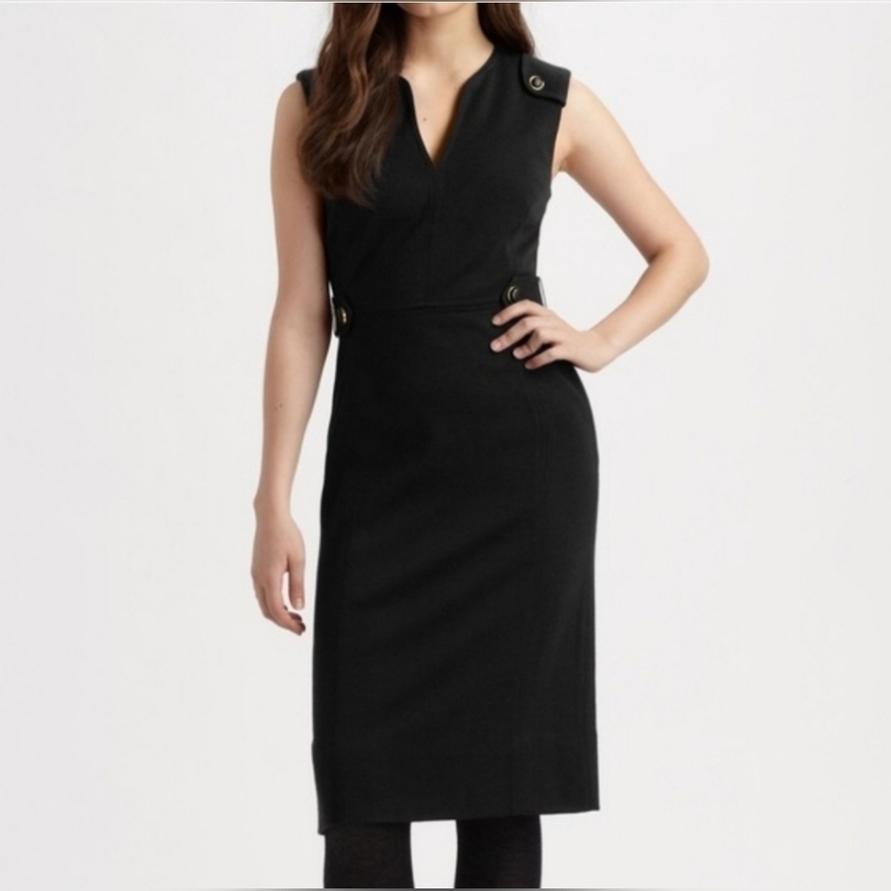 Tory Burch Declan Wool Blend Military Inspired Belted V-neck Sheath Dress - Picture 2 of 8